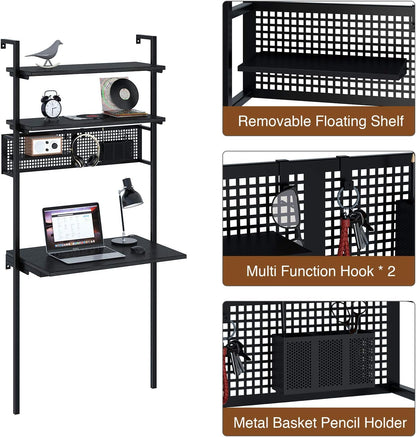 Computer Desk with Shelves, Wall Mounted Desk with Storage Shelf, Industrial Ladder Desk, 3 Tiers Leaning Desk for Small Space, Floating Writing Desk for Home Office, Black