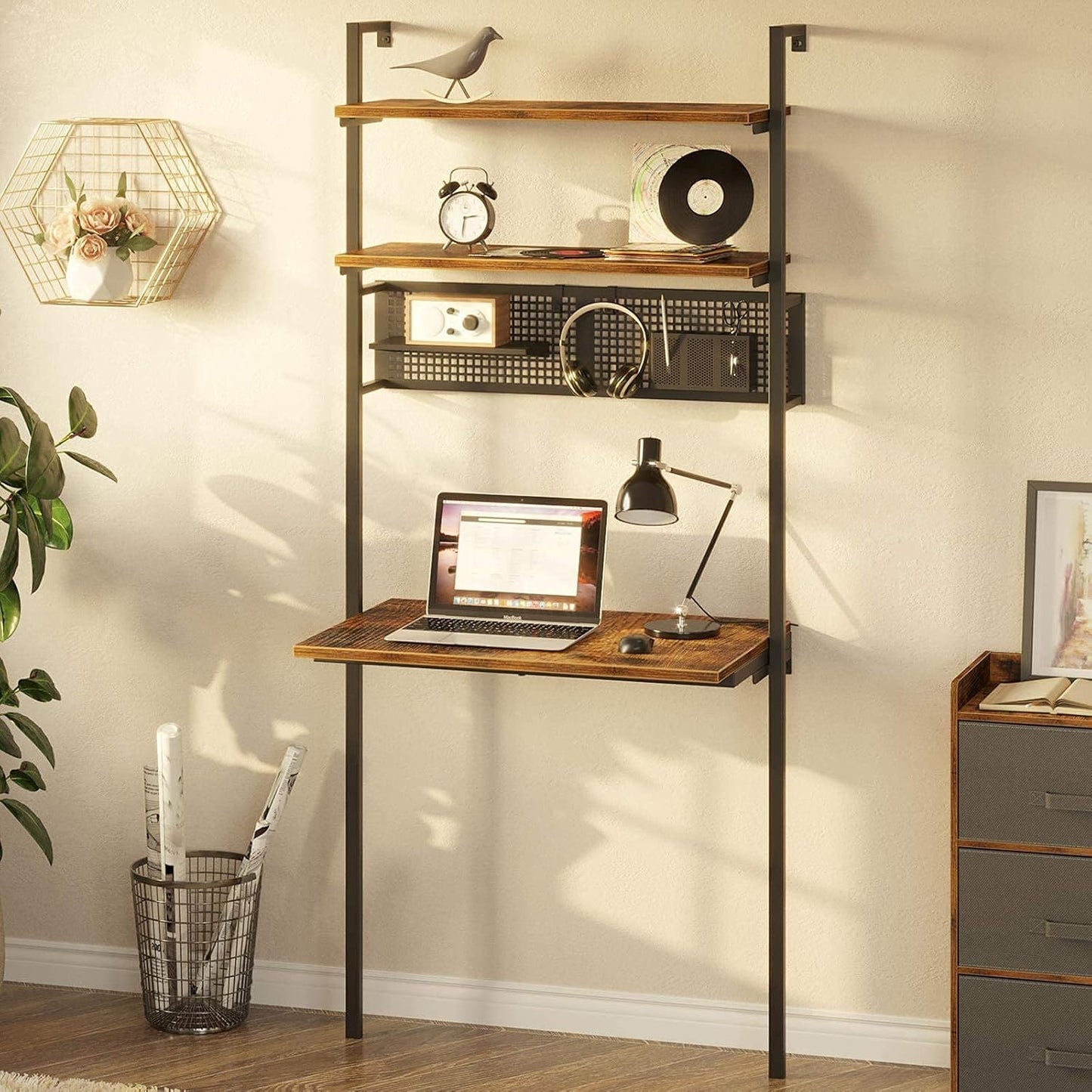 Computer Desk with Shelves, Wall Mounted Desk with Storage Shelf, Home Office Ladder Desk, Industrial Leaning Desk for Small Space, for Living Room, Stable Metal Frame, Rustic Brown