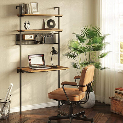 Computer Desk with Shelves, Wall Mounted Desk with Storage Shelf, Home Office Ladder Desk, Industrial Leaning Desk for Small Space, for Living Room, Stable Metal Frame, Rustic Brown