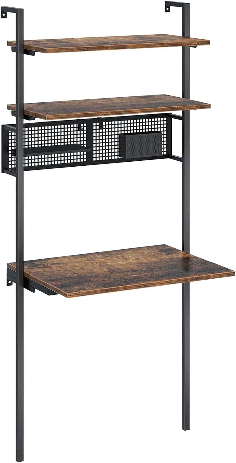 Computer Desk with Shelves, Wall Mounted Desk with Storage Shelf, Home Office Ladder Desk, Industrial Leaning Desk for Small Space, for Living Room, Stable Metal Frame, Rustic Brown