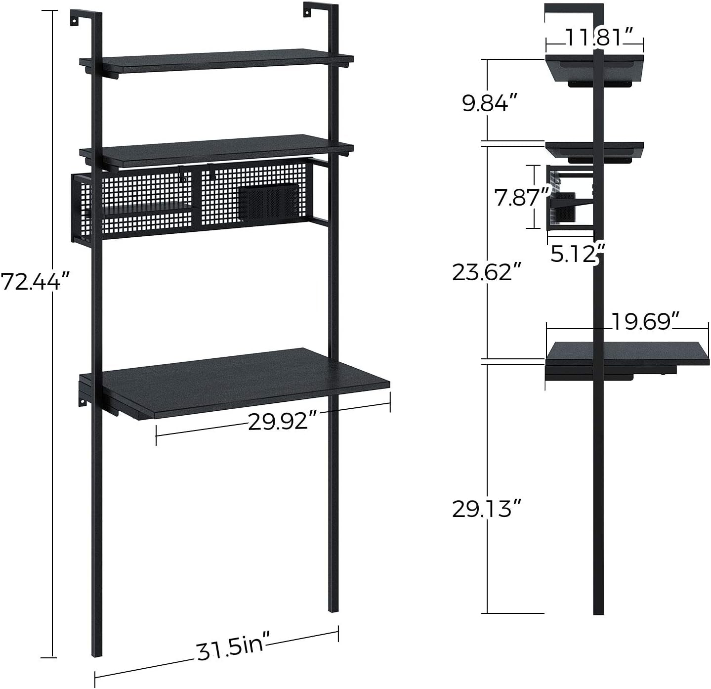 Computer Desk with Shelves, Wall Mounted Desk with Storage Shelf, Industrial Ladder Desk, 3 Tiers Leaning Desk for Small Space, Floating Writing Desk for Home Office, Black