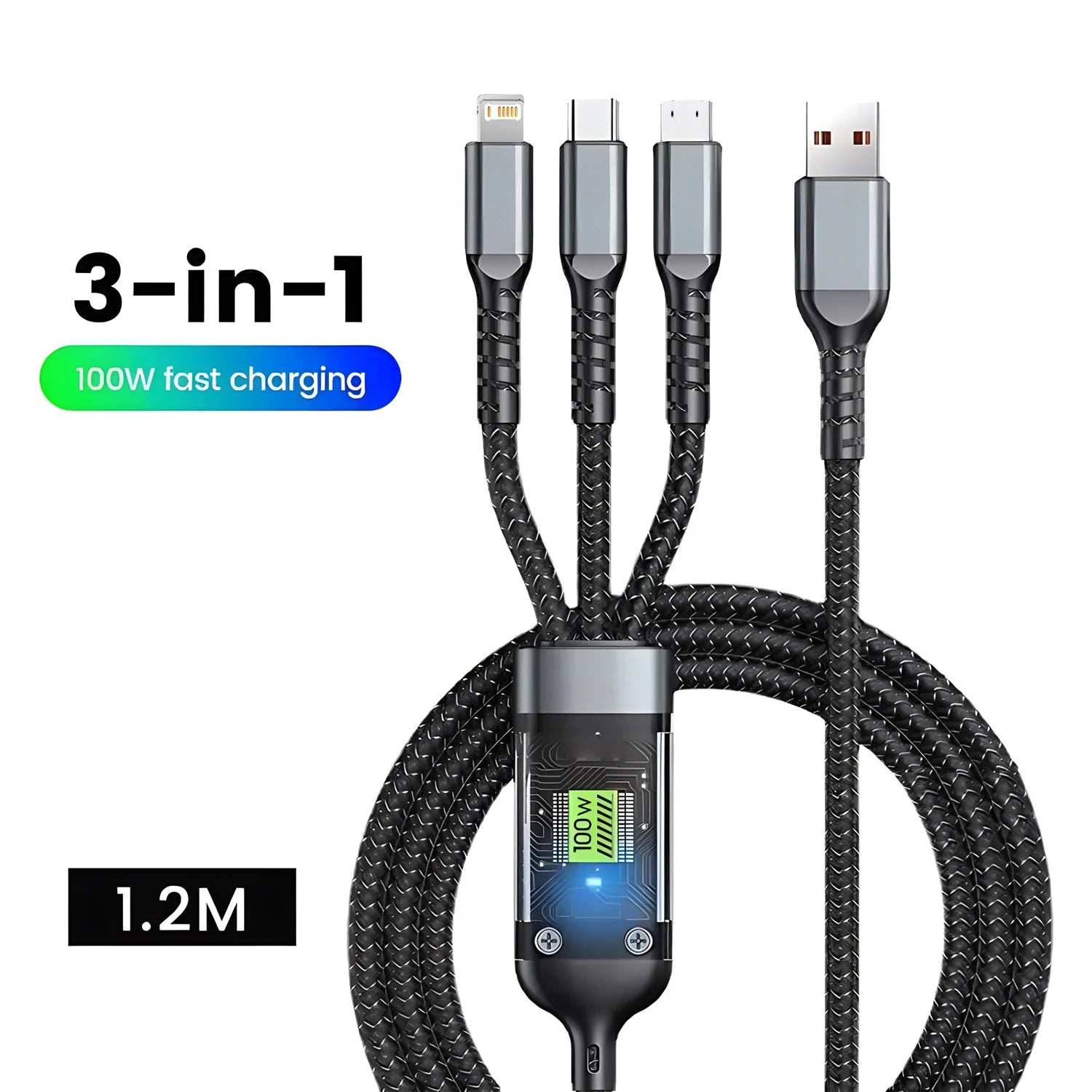  3-In-1 Super Fast Charging Cable, 3 in 1 Charging Cable, Universal with Type-C