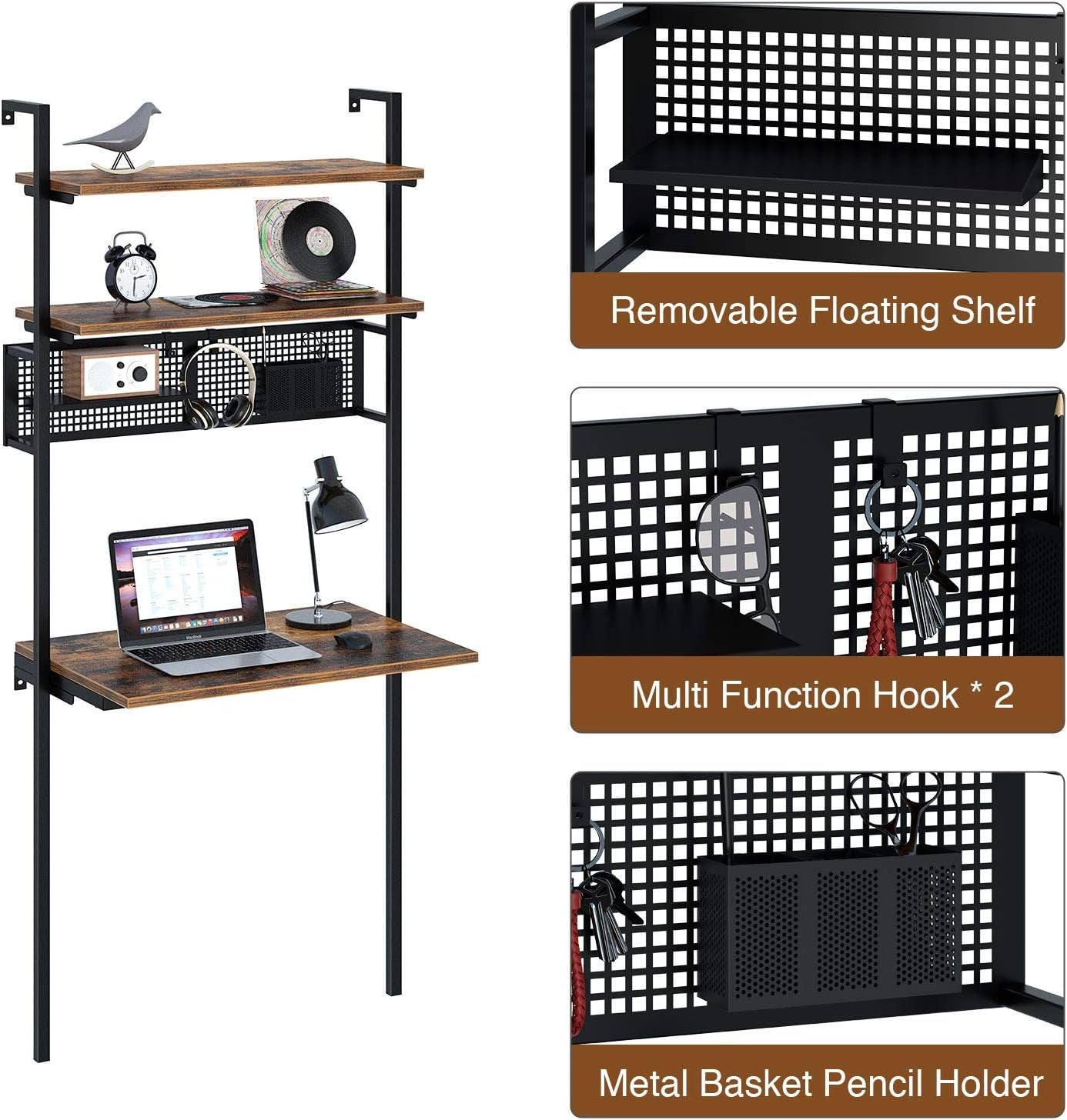 Computer Desk with Shelves, Wall Mounted Desk with Storage Shelf, Home Office Ladder Desk, Industrial Leaning Desk for Small Space, for Living Room, Stable Metal Frame, Rustic Brown