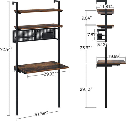 Computer Desk with Shelves, Wall Mounted Desk with Storage Shelf, Home Office Ladder Desk, Industrial Leaning Desk for Small Space, for Living Room, Stable Metal Frame, Rustic Brown