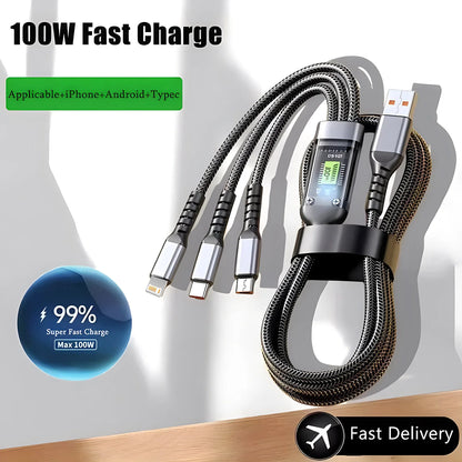  3-In-1 Super Fast Charging Cable, 3 in 1 Charging Cable, Universal with Type-C