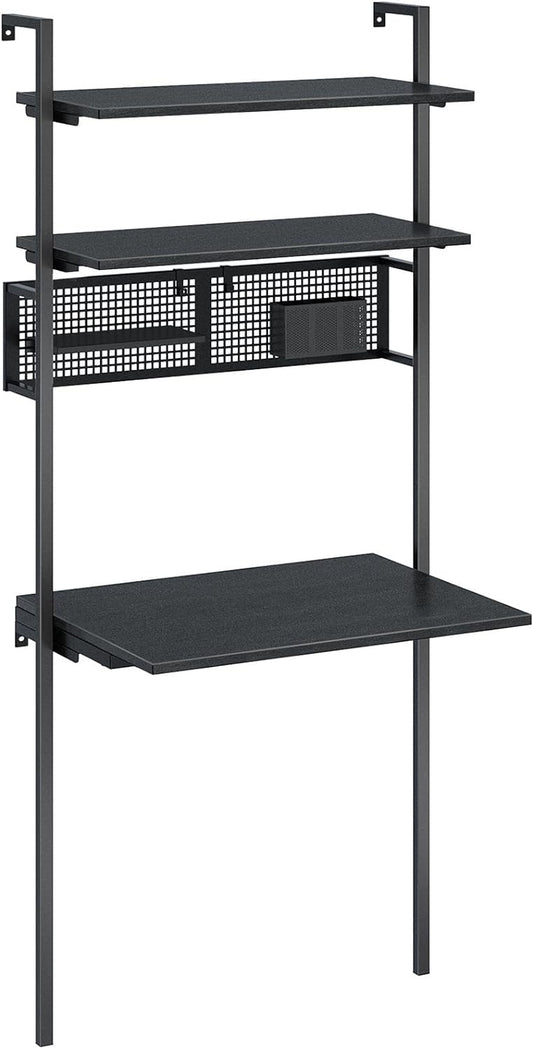 Computer Desk with Shelves, Wall Mounted Desk with Storage Shelf, Industrial Ladder Desk, 3 Tiers Leaning Desk for Small Space, Floating Writing Desk for Home Office, Black