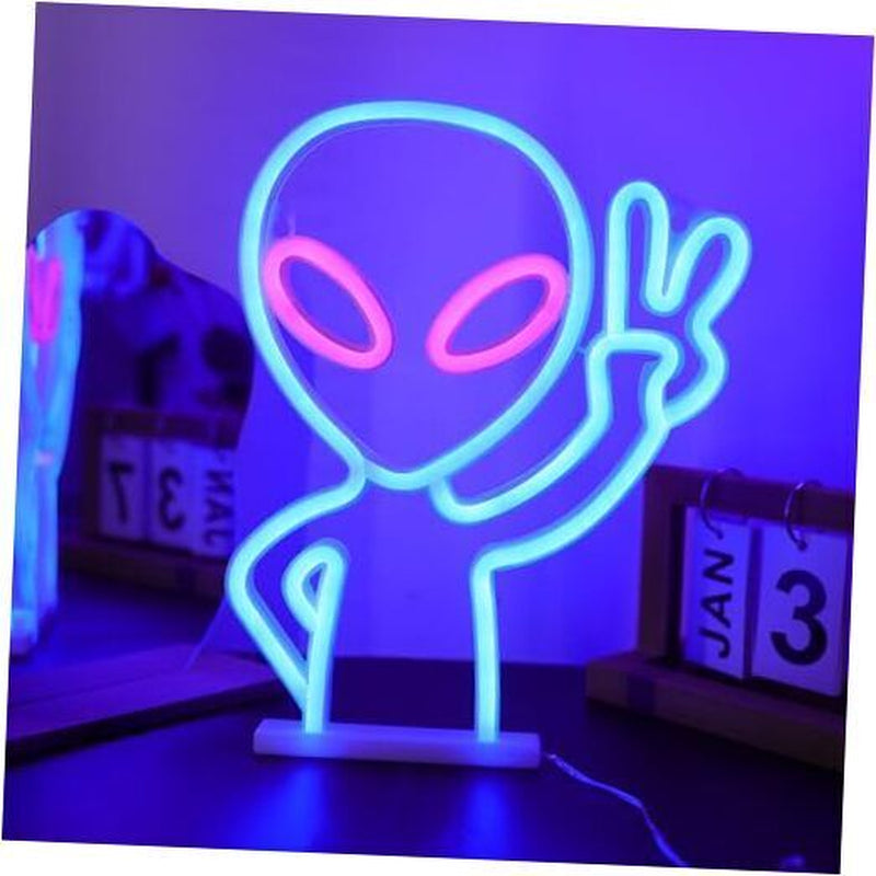 ENUOLI Neon Sign, Alien Design, Plastic, 8.7*11.4*0.78 Inch, Blue+Pink Alien