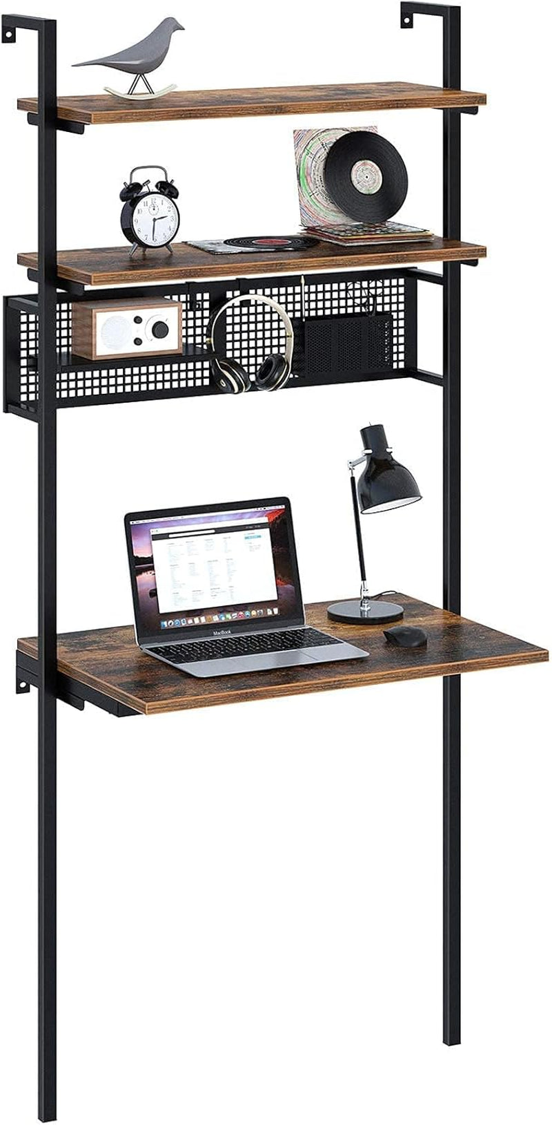 Computer Desk with Shelves, Wall Mounted Desk with Storage Shelf, Home Office Ladder Desk, Industrial Leaning Desk for Small Space, for Living Room, Stable Metal Frame, Rustic Brown